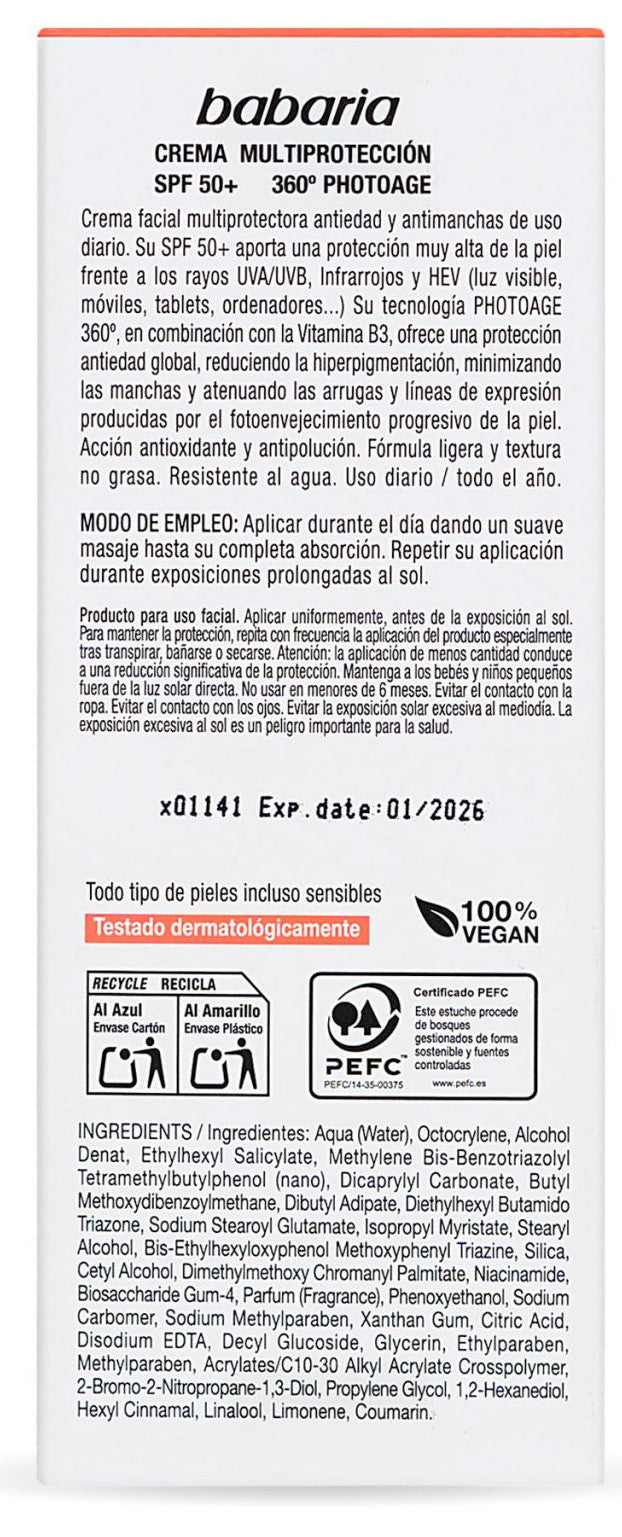 Crema Solar Multiprotección Antiedad SPF50+ Babaria