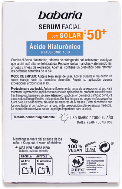 Sérum Facial Solar Ácido Hialurónico SPF50+ Babaria