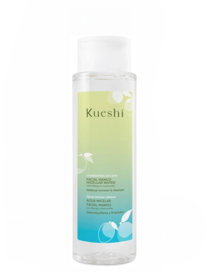 Agua micelar de mango Kueshi para limpieza y control de grasa en piel mixta