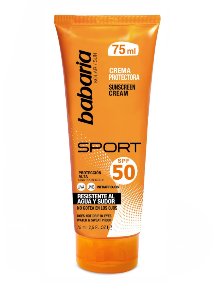 Crema facial solar sport SPF50 de Babaria tubo de 75ml resistente al agua y sudor
